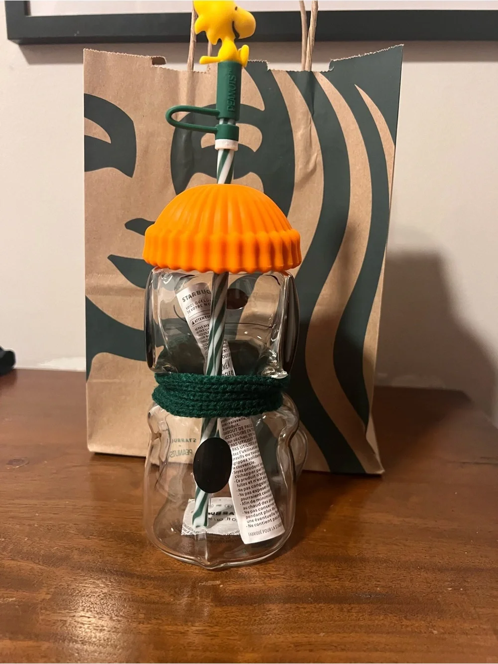 Starbucks Kids Snoopy Bottle with Orange Hat and Green Scarf Woody Accent